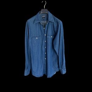 Lands End Blue Denim Long Sleeve Button Down Shirt Tall Large 16-16.5 Indigo